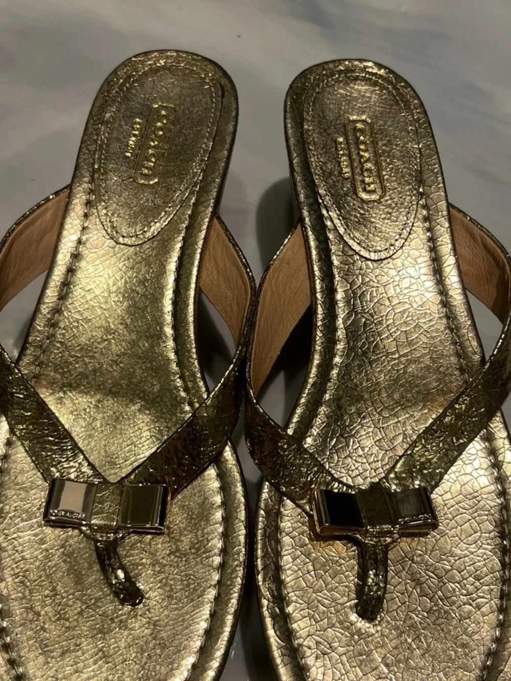 Coach Metallic Gold Bow Thong Sandals/wedges
